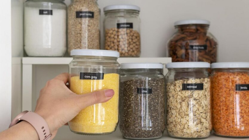 Packages of buckwheat, rice, and pasta